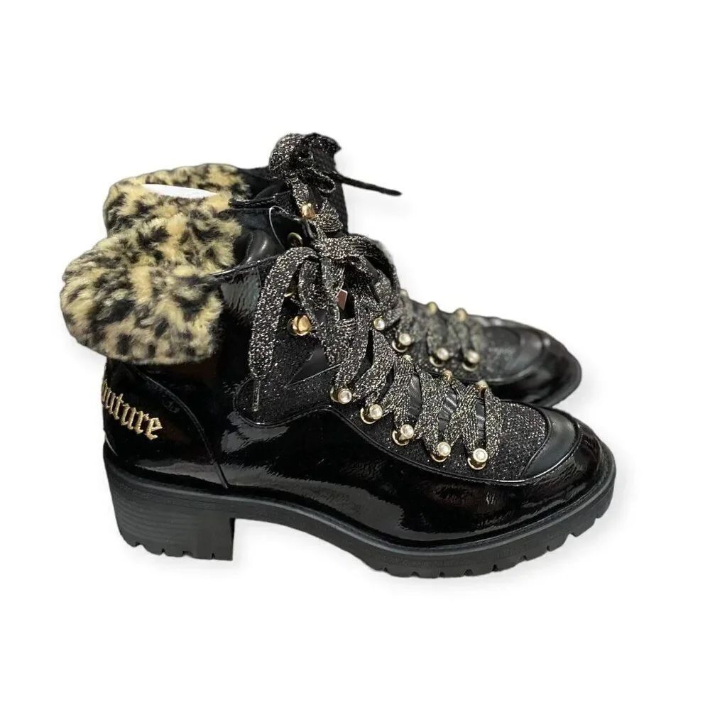 Winter Black Patent Leopard Collar Lace Up Hiking Combat Boots NEW